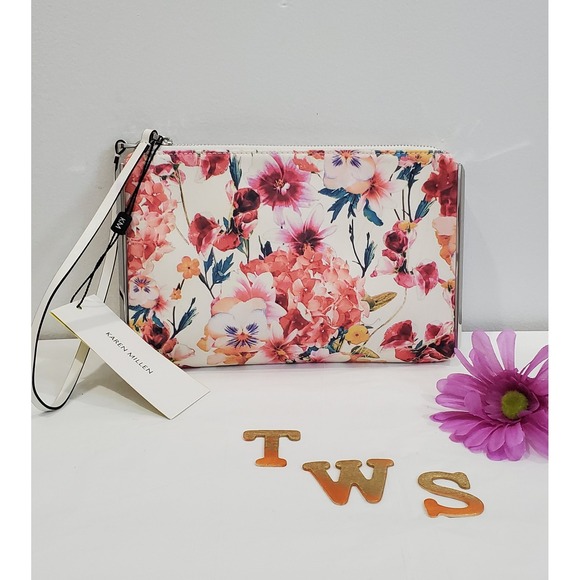 Karen Millen Floral Clutch Wristlet Bag Cream Pink Roses Designer Evening - Picture 9 of 14